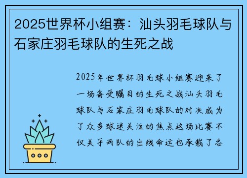 2025世界杯小组赛：汕头羽毛球队与石家庄羽毛球队的生死之战
